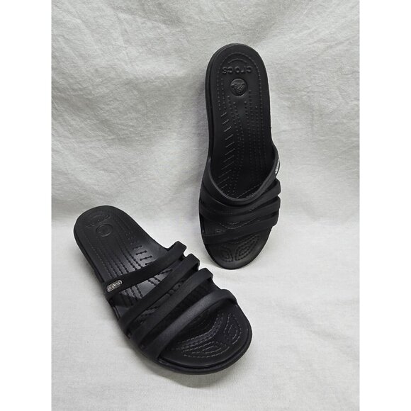 Crocs Rhonda Wedge Sandals Slip-On Strappy Slides Open Toe Black Women's Size 8 - Picture 1 of 10